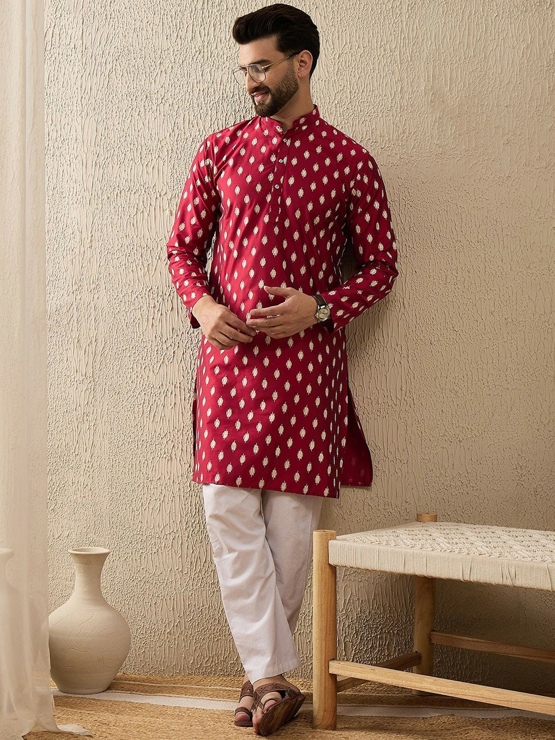 Red & White Abstract Woven Polyester Kurta for Men