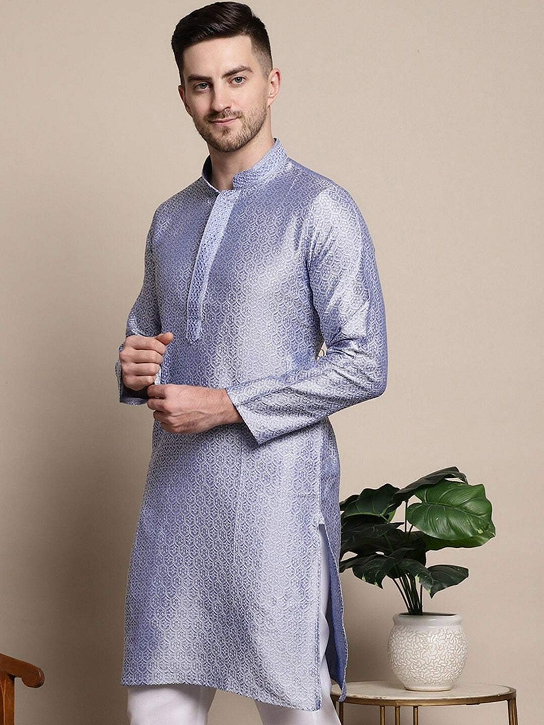 Blue Floral Woven Cotton Silk Kurta for Men with Thread Work
