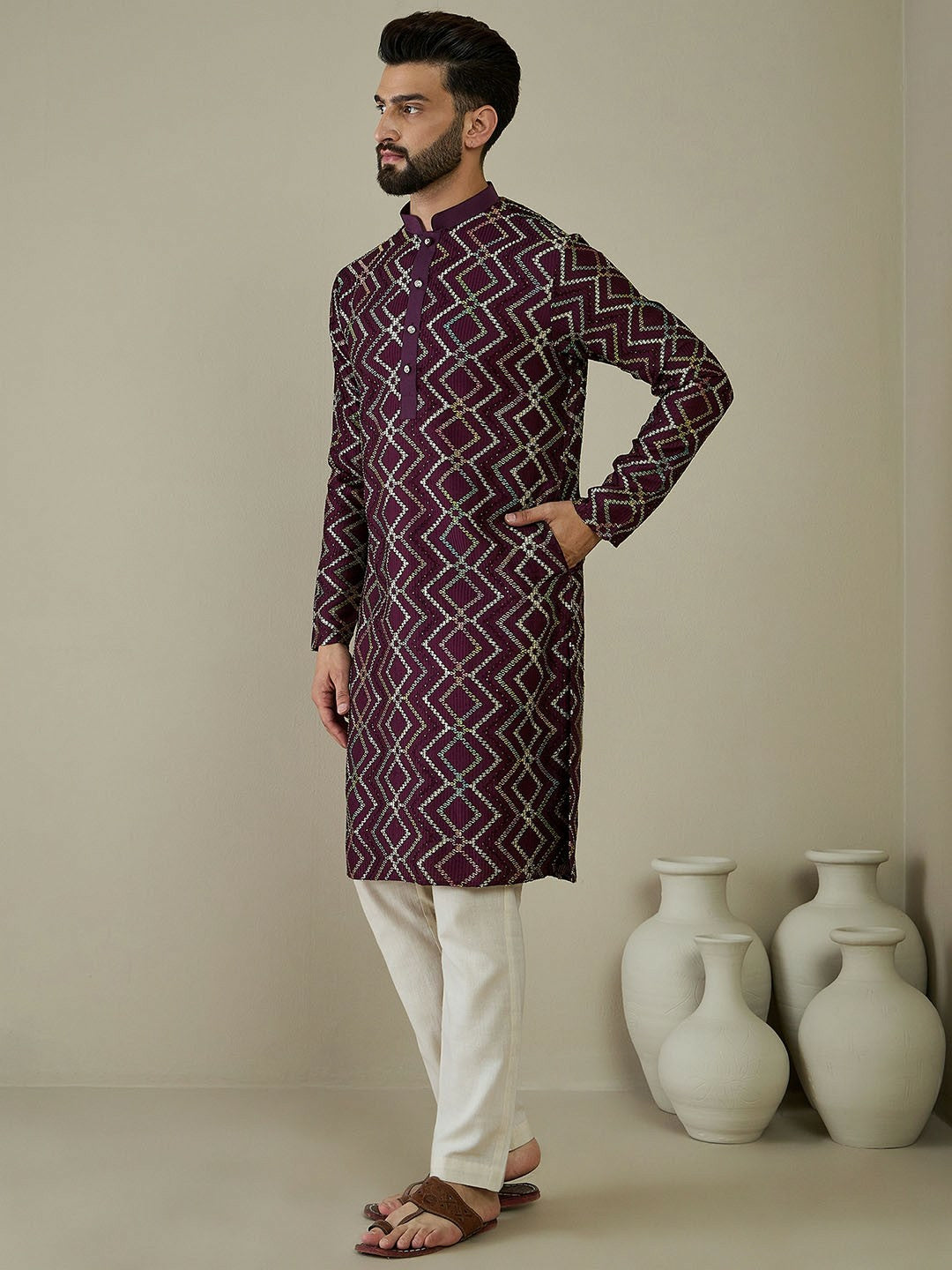 Men’s Magenta Ethnic Motif Embroidered Kurta with Thread Work