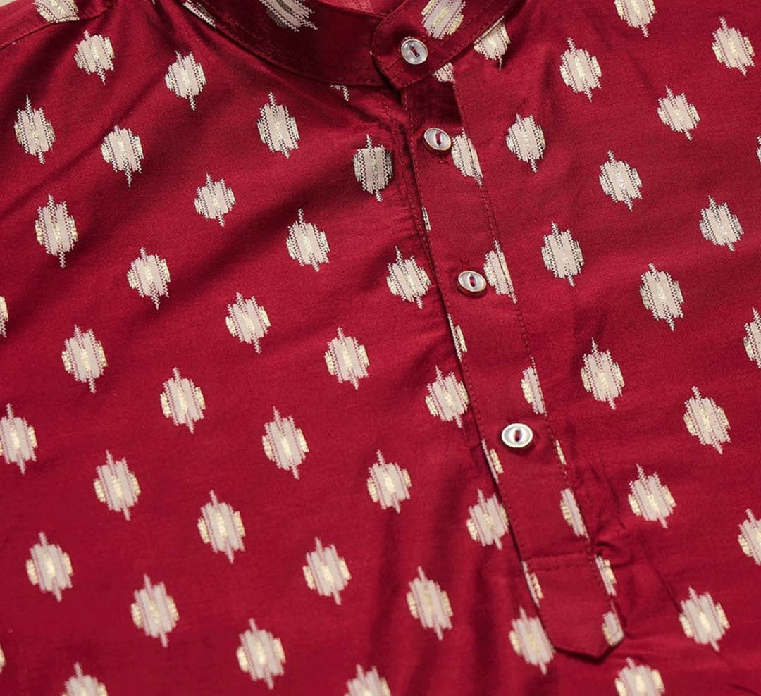 Red & White Abstract Woven Polyester Kurta for Men