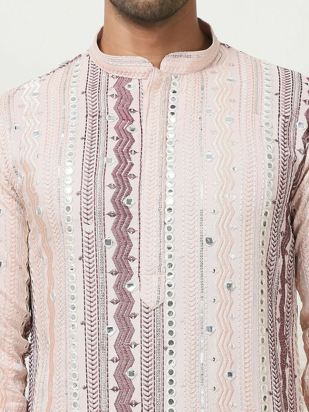 Men’s Pink Geometric Embroidered Kurta with Mirror Work & Pockets