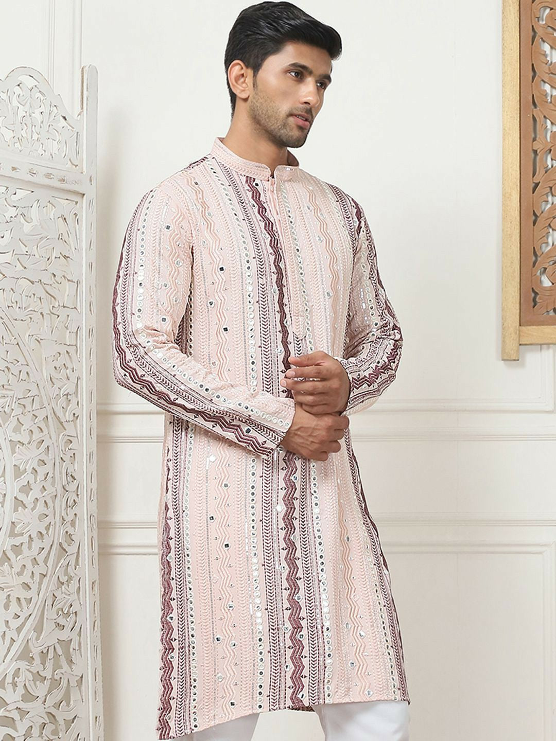 Men’s Pink Geometric Embroidered Kurta with Mirror Work & Pockets