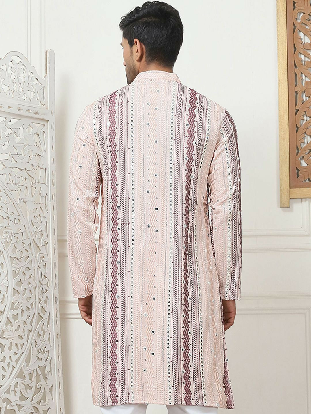 Men’s Pink Geometric Embroidered Kurta with Mirror Work & Pockets