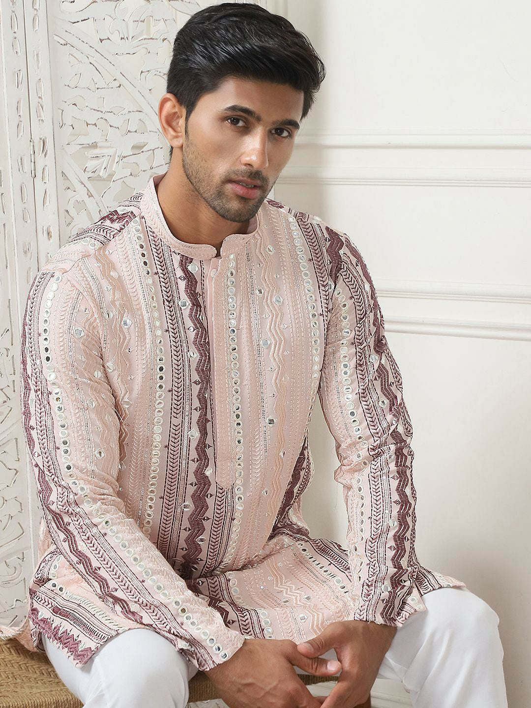 Men’s Pink Geometric Embroidered Kurta with Mirror Work & Pockets