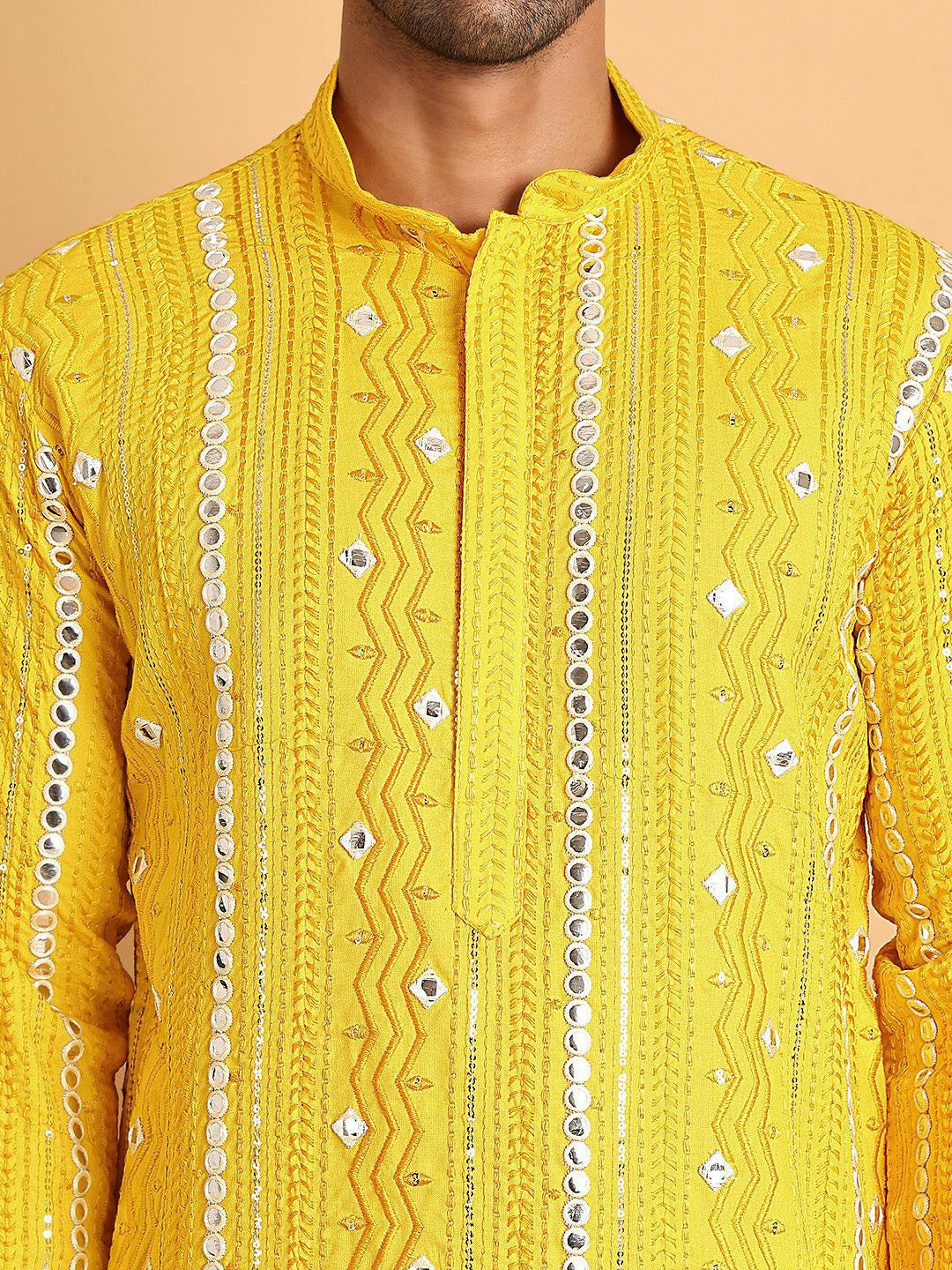 Men’s Yellow Embroidered Kurta with Mirror Work