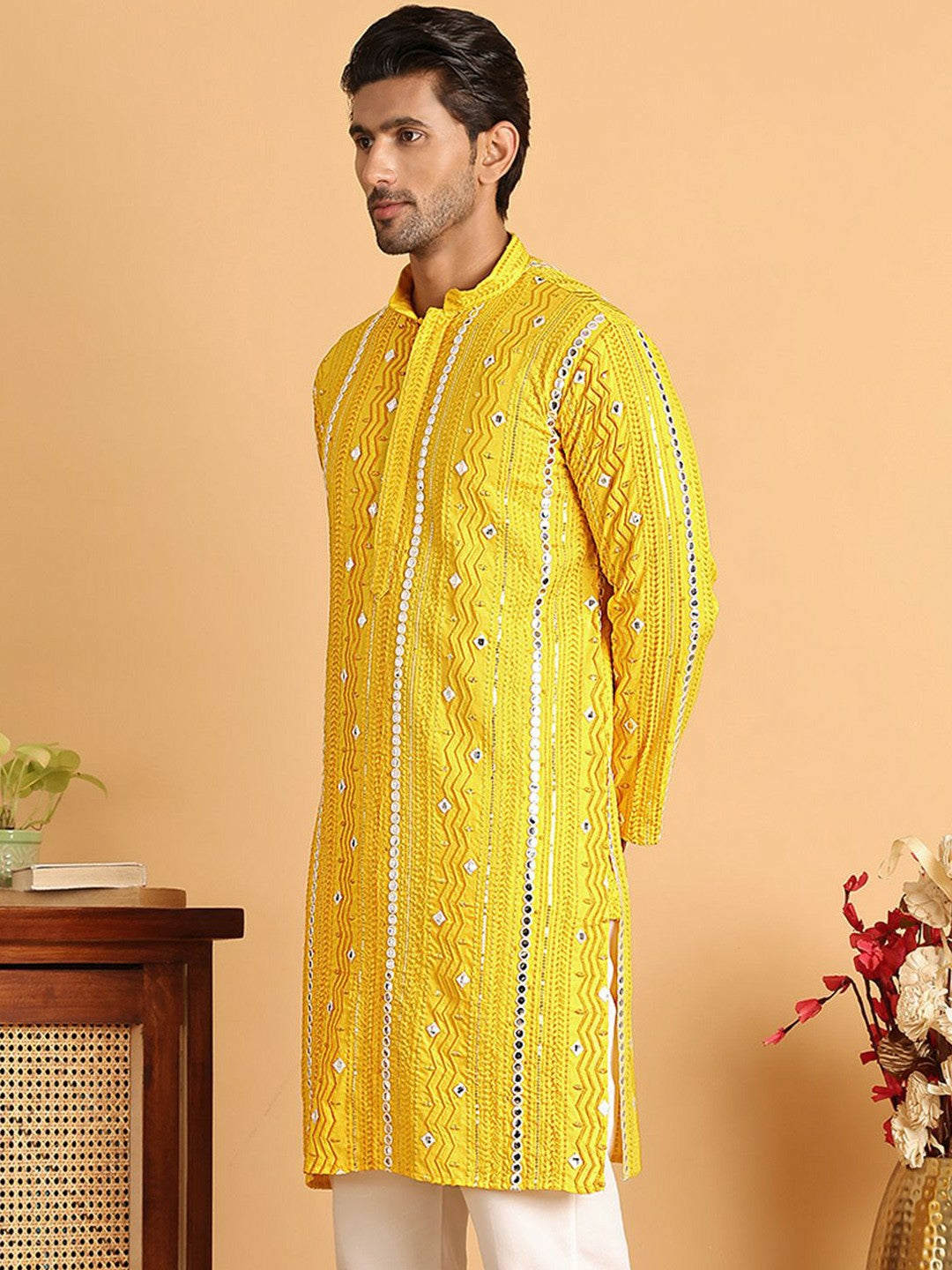 Men’s Yellow Embroidered Kurta with Mirror Work