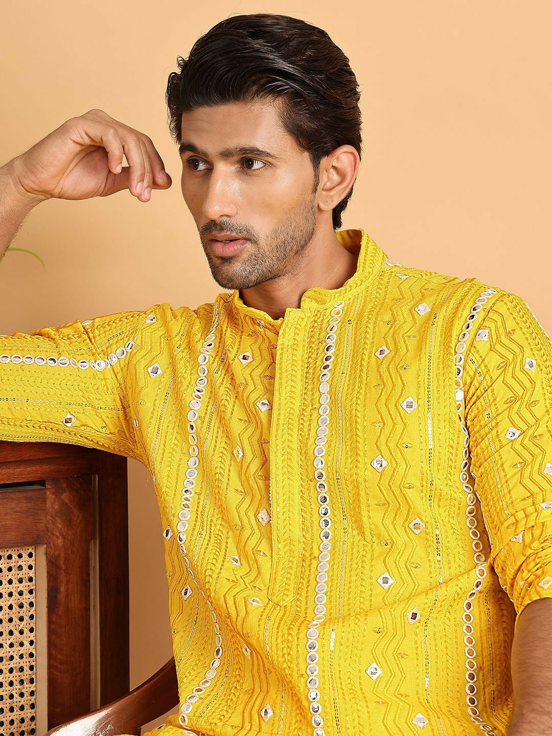 Men’s Yellow Embroidered Kurta with Mirror Work