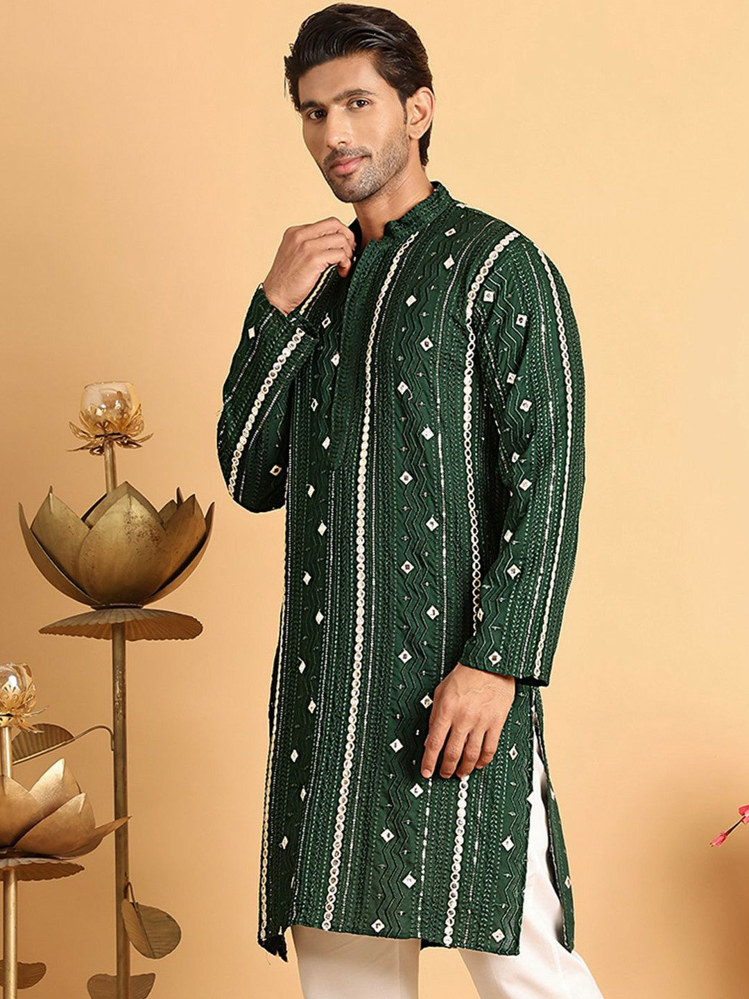 Men’s Olive Green Embroidered Kurta with Mirror Work