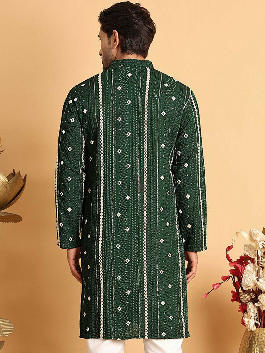 Men’s Olive Green Embroidered Kurta with Mirror Work