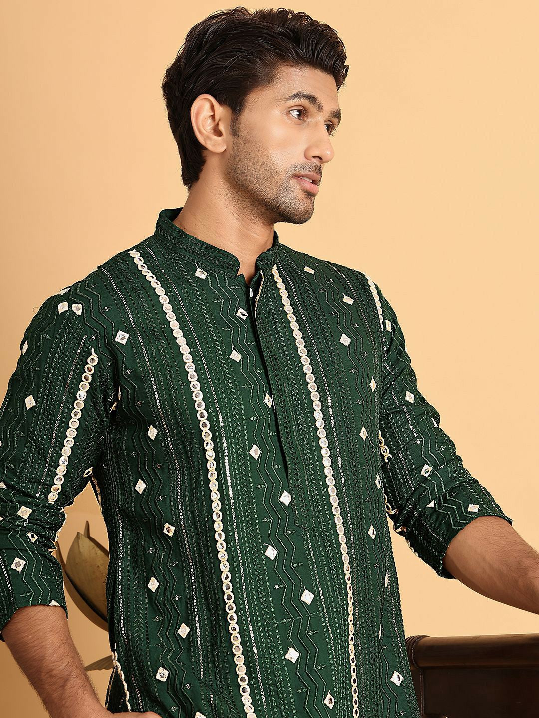 Men’s Olive Green Embroidered Kurta with Mirror Work