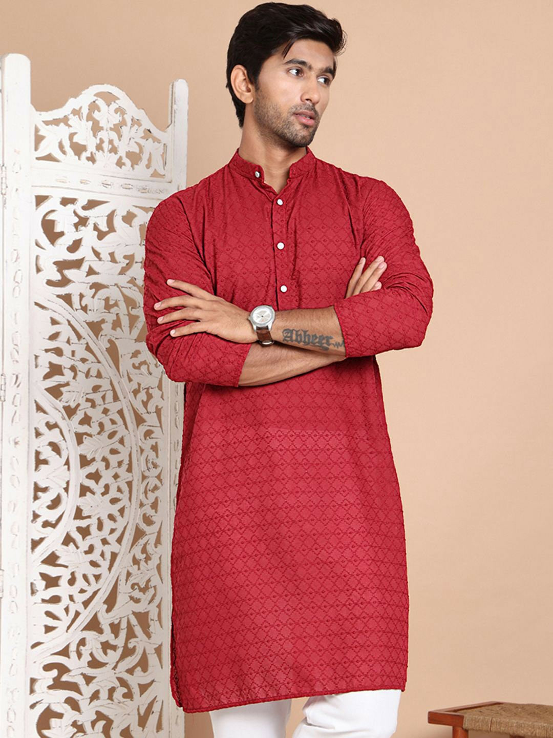Men’s Maroon Chikankari Embroidered Cotton Kurta
