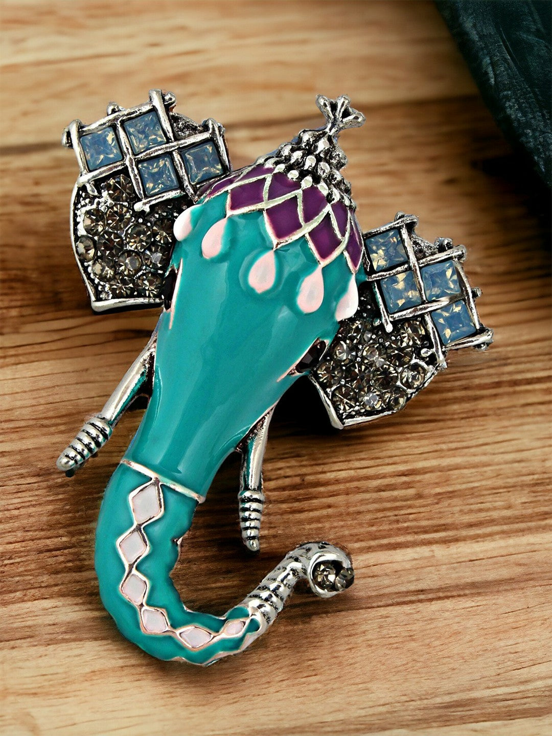 Unisex Silver Plated Oxidised Enamel Ganesha Brooch – Turquoise Blue Divine Pin for Ethnic & Casual Wear