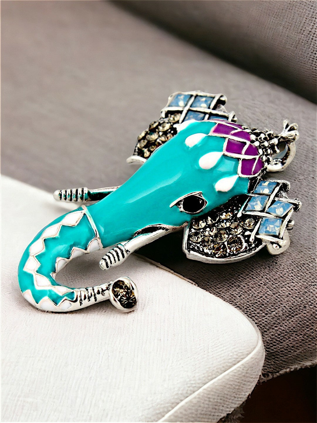 Unisex Silver Plated Oxidised Enamel Ganesha Brooch – Turquoise Blue Divine Pin for Ethnic & Casual Wear