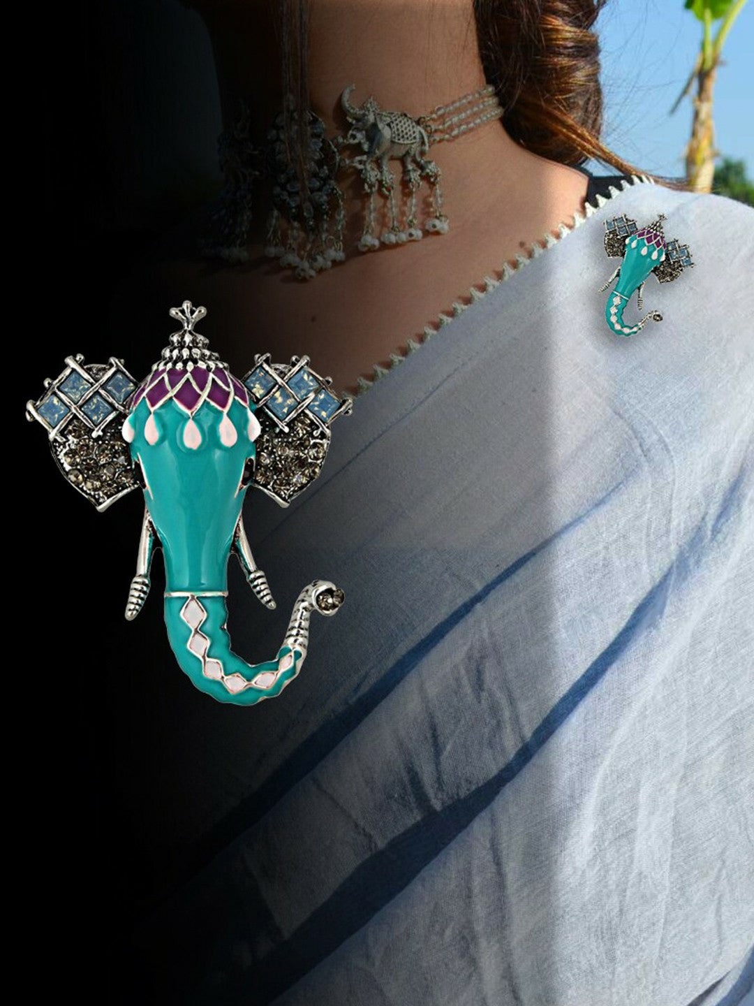 Unisex Silver Plated Oxidised Enamel Ganesha Brooch – Turquoise Blue Divine Pin for Ethnic & Casual Wear