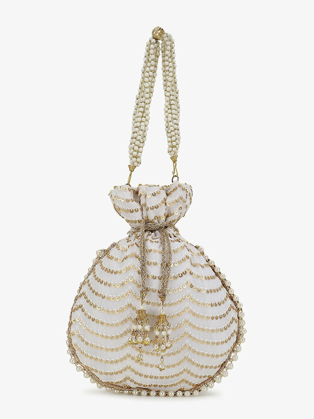 Buy Off White & Gold-Toned Embellished Tasselled Potli Clutch Bags Online – Indiaista