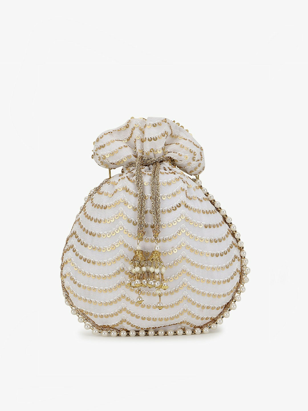 Buy Off White & Gold-Toned Embellished Tasselled Potli Clutch Bags Online – Indiaista