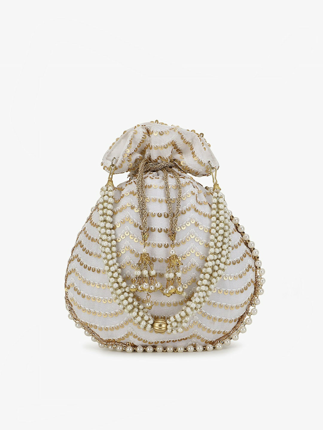 Buy Off White & Gold-Toned Embellished Tasselled Potli Clutch Bags Online – Indiaista