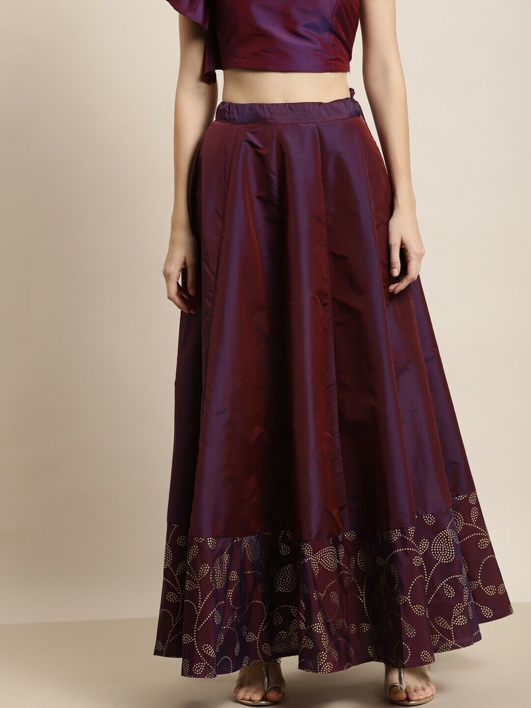 Women Skirt -Burgundy & Gold Paisely Foil Border Bollywood Bridal Anarkali Skirt