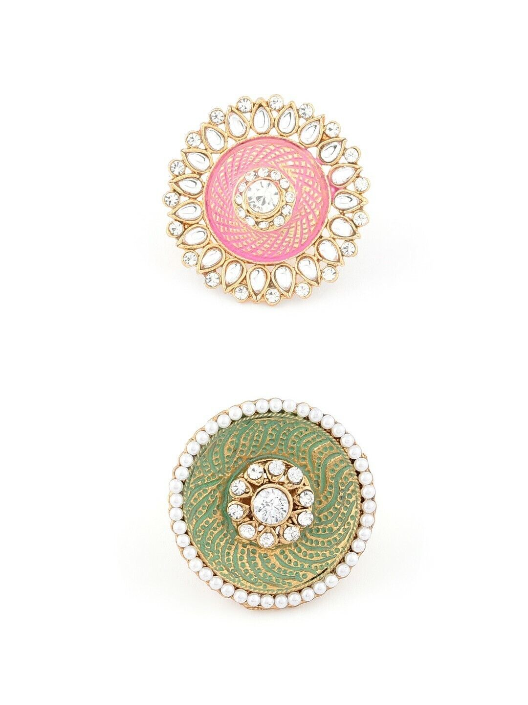 Gold-Plated Kundan & Beaded Meenakari Adjustable Finger Rings Set Of 2