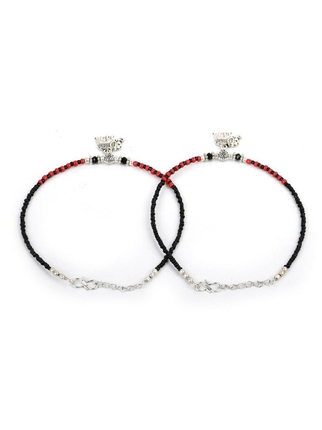 Indian Bollywood Silver-Plated Black & Red Beaded Elephant Traditional Anklets