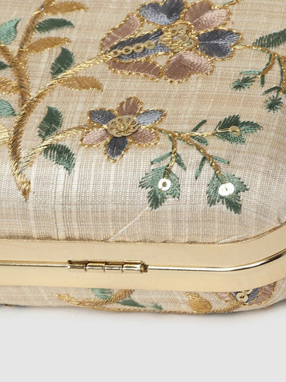 Women Clutches - Indian Wedding Beige & Green Floral Embroidered Box Clutch