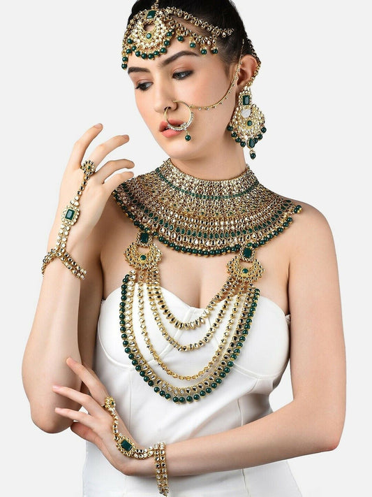 Gold-Plated Green & White Kundan-Studded & Beaded Bollywood Bridal Jewellery Set