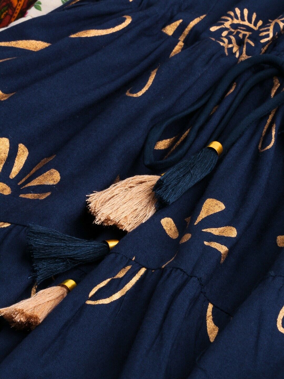 Women Kurta Set - Navy Blue & Gold-Toned Printed Kurta with Churidar & Dupatta