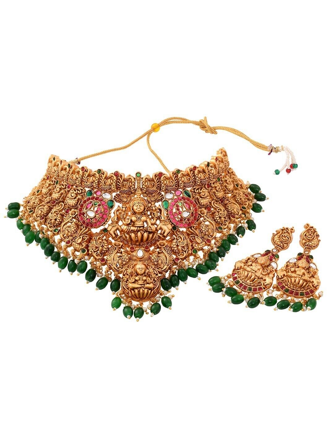 Gold-Plated Green & Pink Kundan Studded Jewellery Set