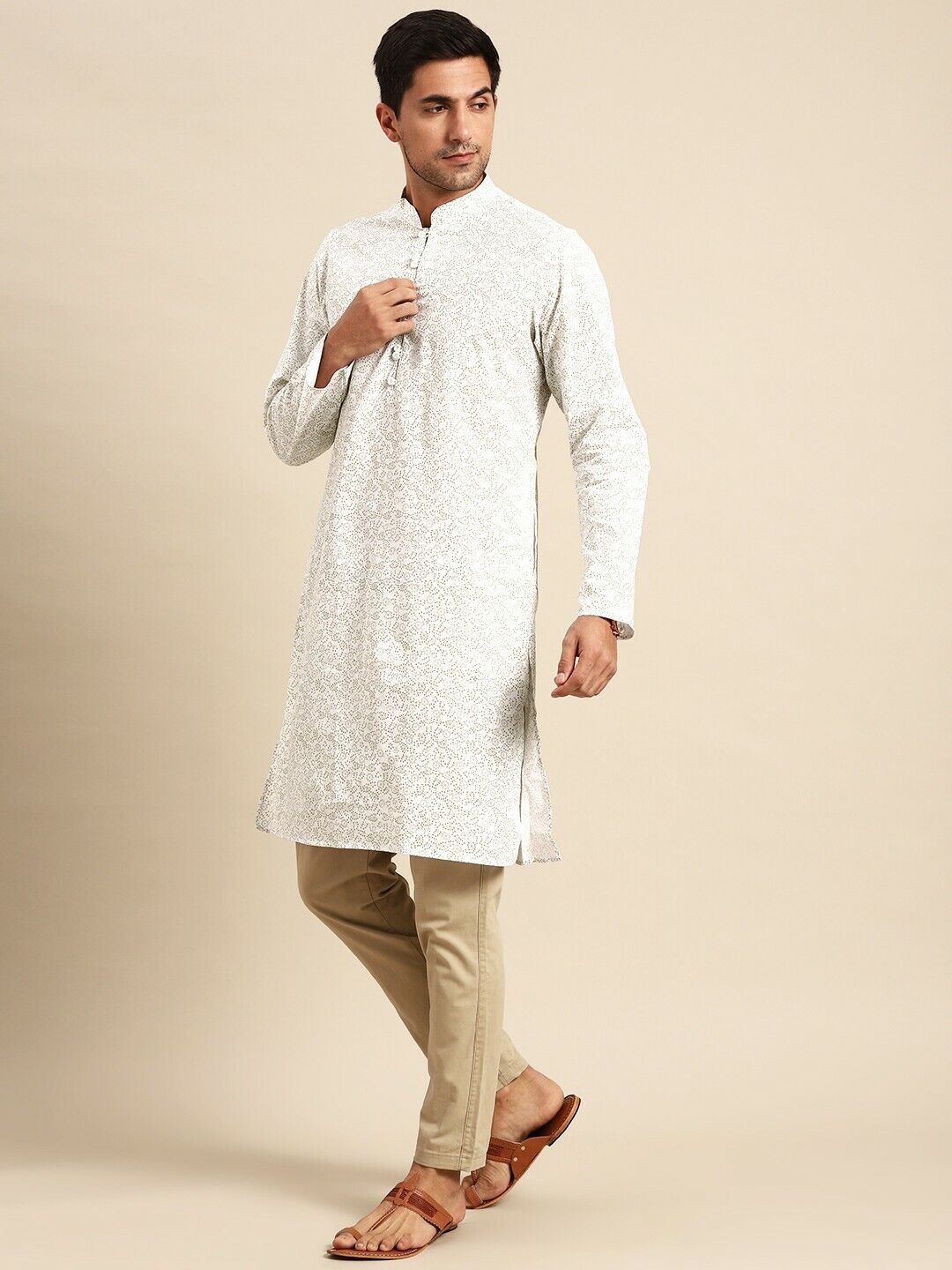 Men Kurta -Bollywood Indian White & Olive Green Ethnic Motifs Printed Kurta