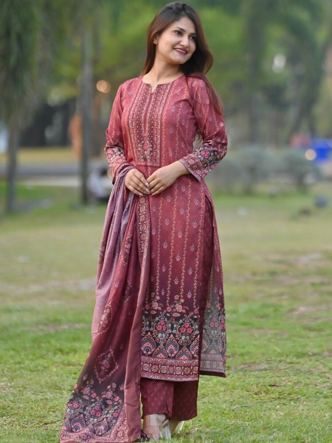 Women Kurta Set - Indian Diwali Maroon Floral Kurta with Trousers & With Dupatta