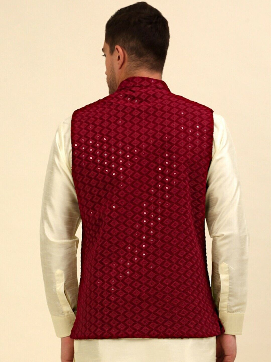 Men Jacket - Maroon Embroidered Sequined Diwali Indian Wedding Nehru Jacket