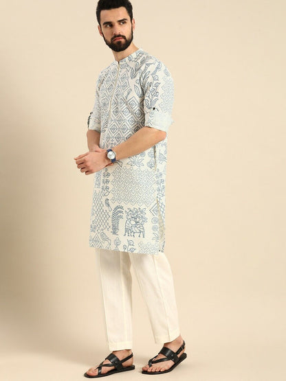 Men Kurta Set - Bollywood Indian Eid White Bandhani Printed Kurta with Trousers