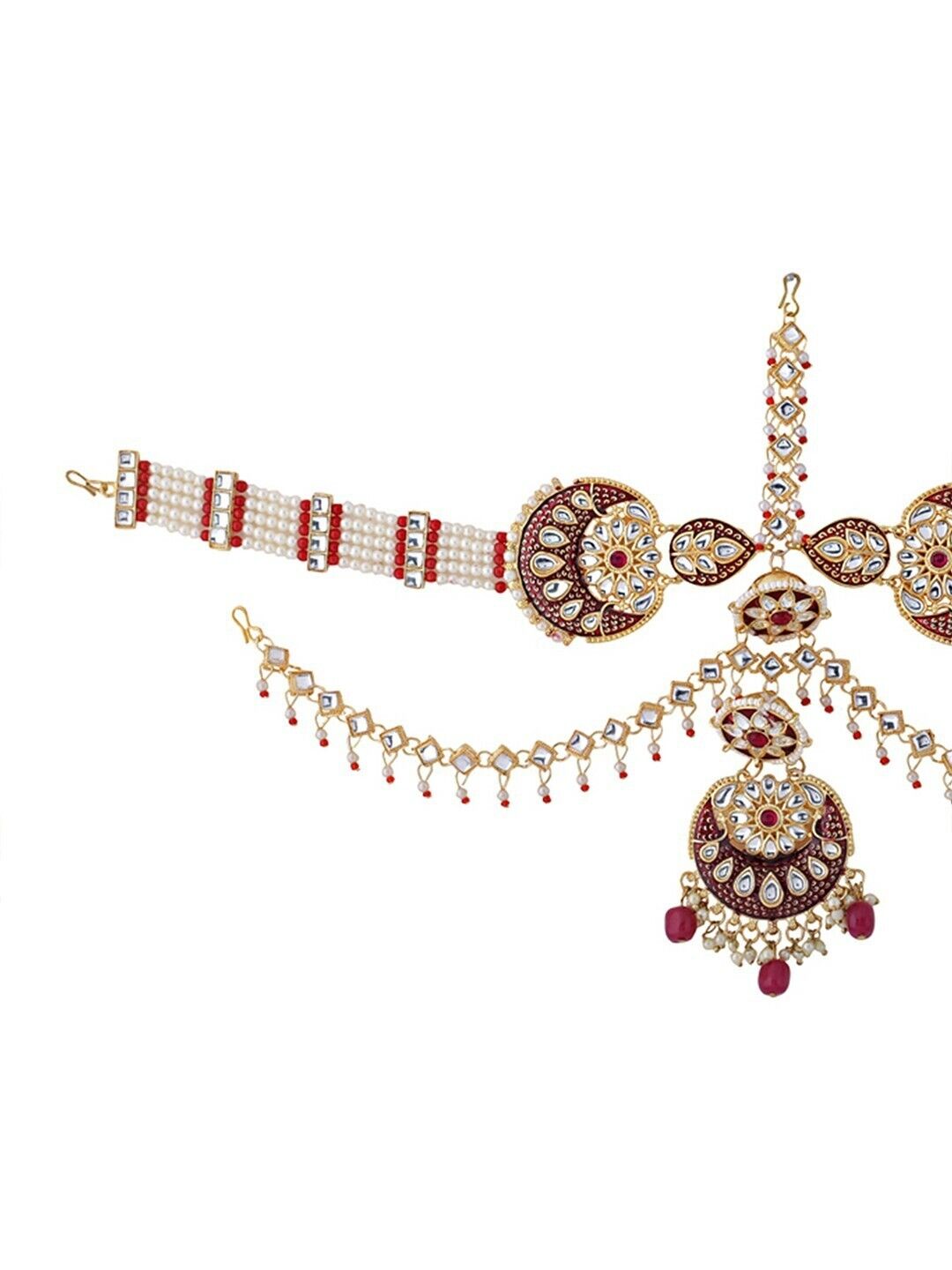 Gold-Plated Indian Bride Jewelry Pakistani Maroon Kundan Studded Sheeshphool