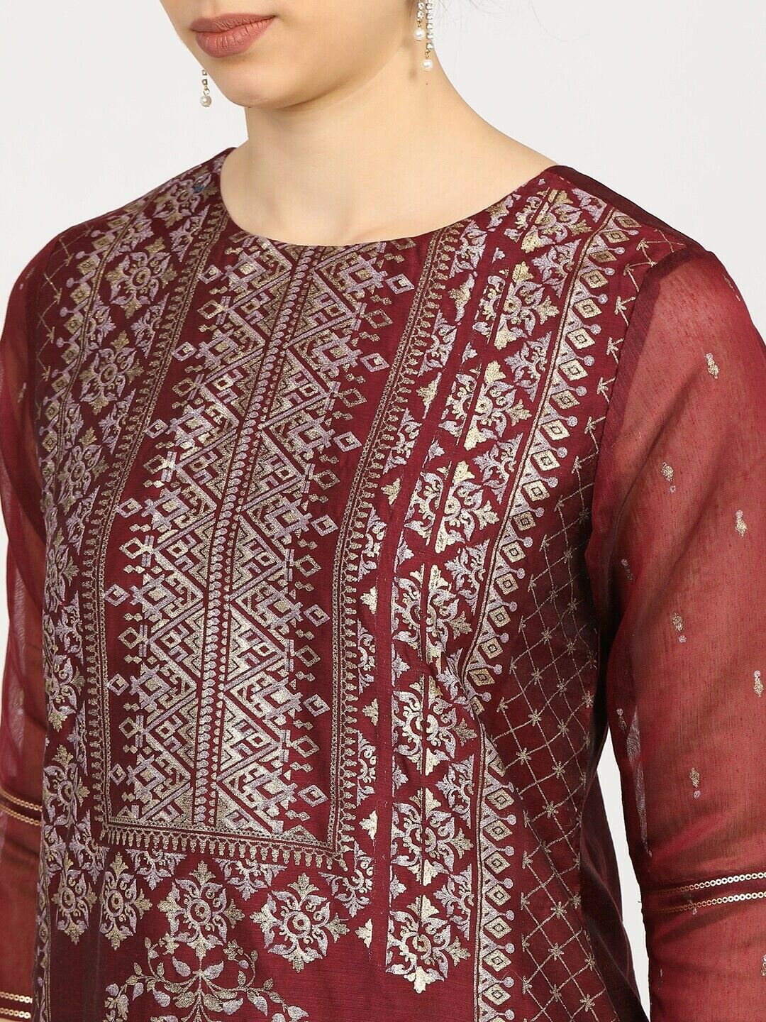 Women Kurta Set- Maroon Ethnic Motifs Regular Kurta with Palazzos & With Dupatta