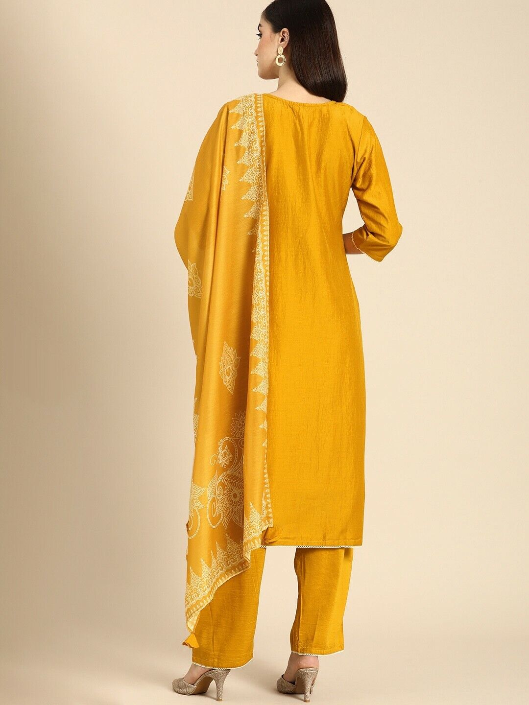 Women Kurta Set -Indian Festival Yellow Embroidered Kurta with Trouser & Dupatta