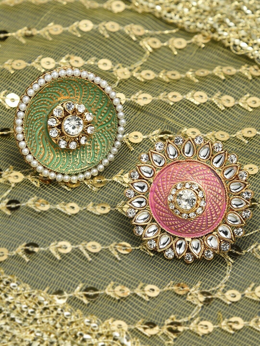 Gold-Plated Kundan & Beaded Meenakari Adjustable Finger Rings Set Of 2