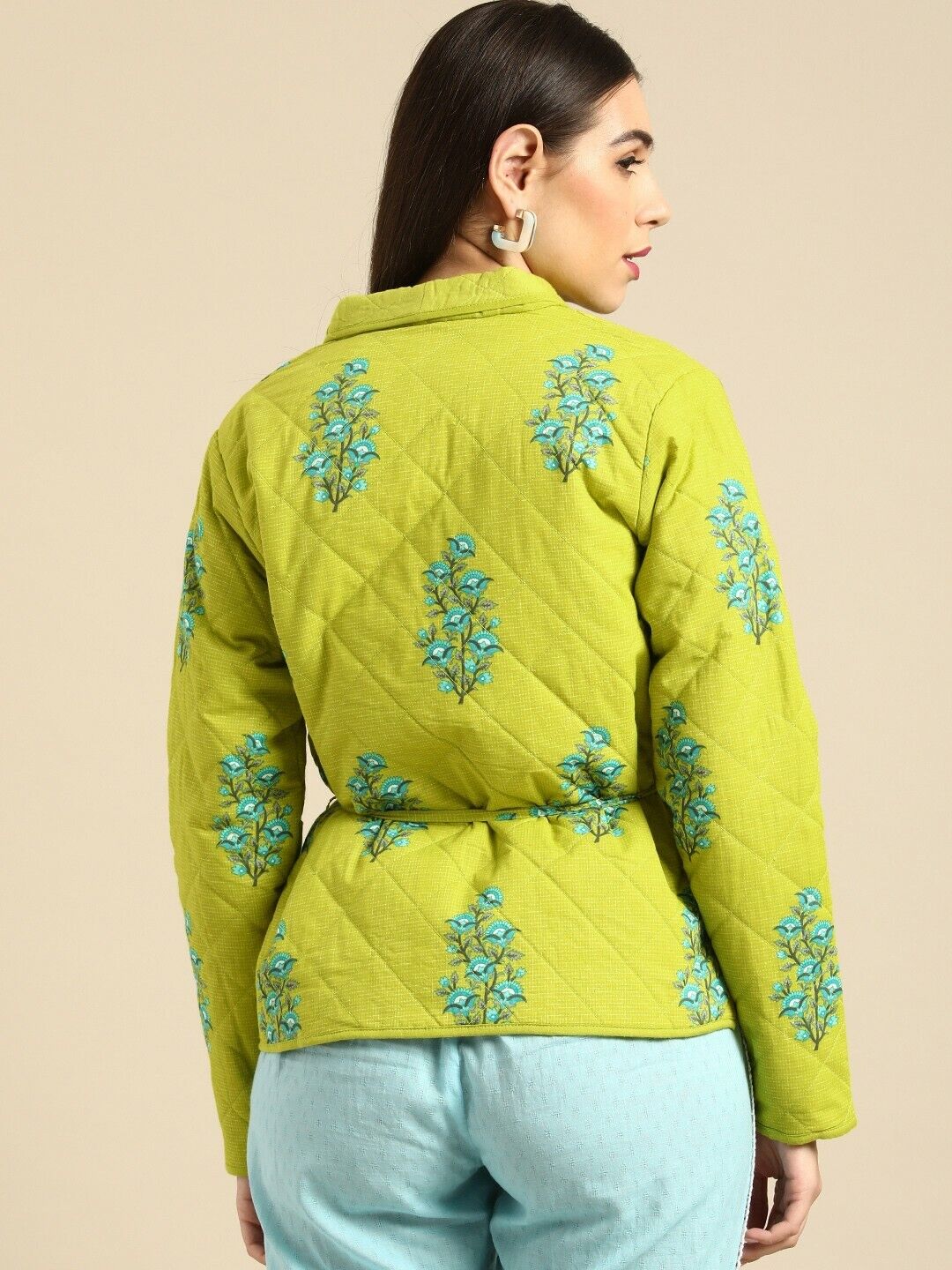 Women Jacket - Green & Blue Floral Printed Bollywood Indian Quilted Jacket