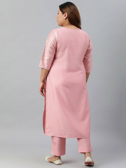 Women's Kurta Set - Plus Size Pink Poly Silk Bollywood Indian Kurta With Pant