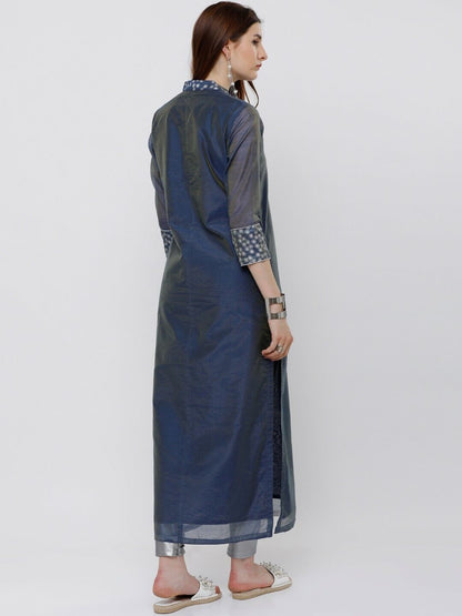 Women Kurta - Blue & Silver-Toned Printed Straight Pakistani Indian Kurta