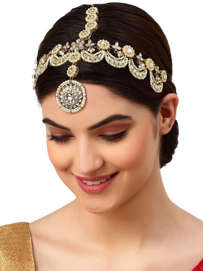 Gold-Plated & White Bollywood BRIDAL iNDIAN Floral Shaped Sheeshphool Mathapatti