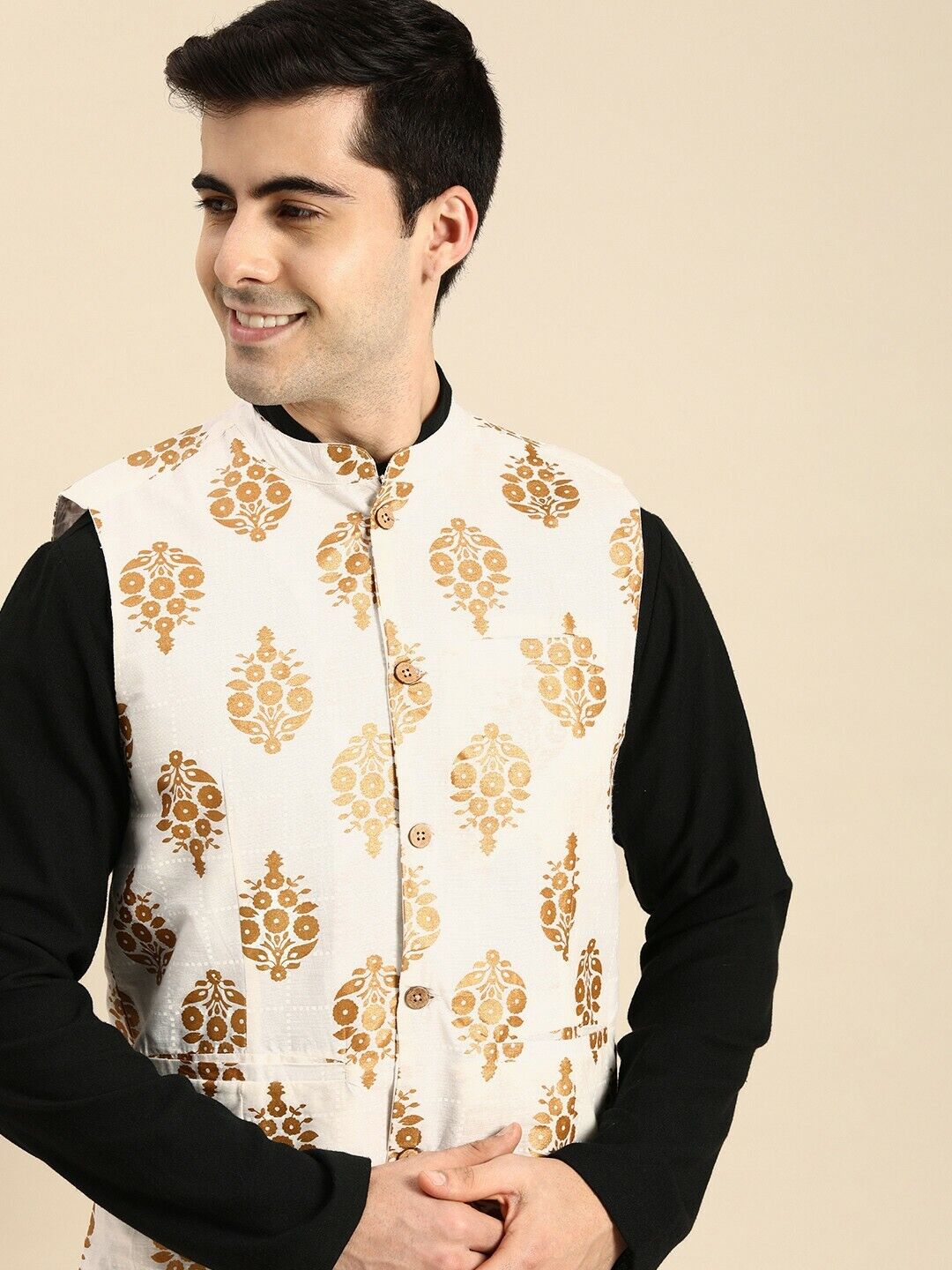 Men Jacket - White Floral Print Ethnic Pure Cotton Diwali Indian Nehru Jacket