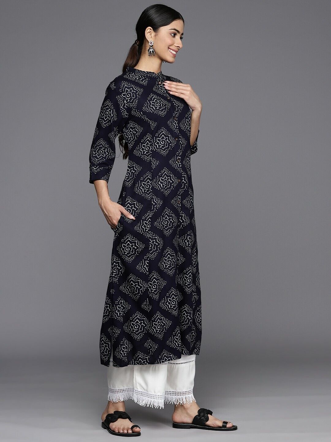 Women Kurta - Bollywood Indian Pakistani Festive Bandhani Printed Indigo Kurta