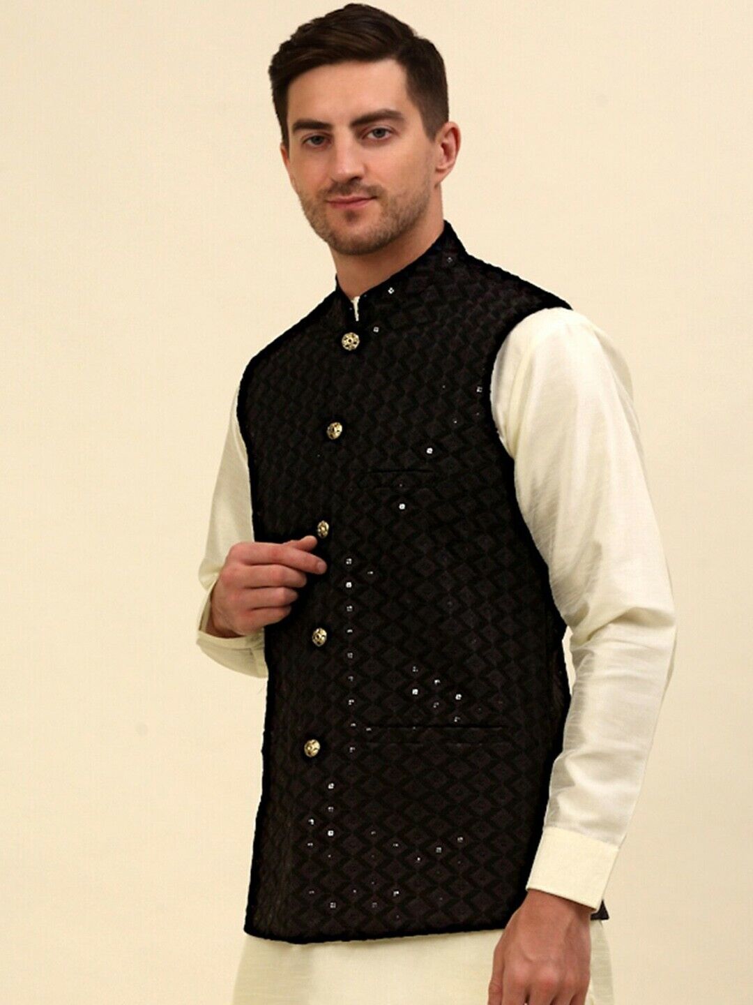 Men Jacket - Black Embroidered Sequined Diwali Indian Wedding Nehru Jacket