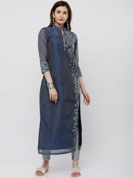 Women Kurta - Blue & Silver-Toned Printed Straight Pakistani Indian Kurta