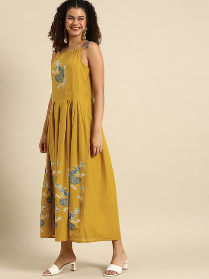 Women Dress -Mustard Yellow & Blue Ethnic Motifs Printed Pure Cotton Midi Dress