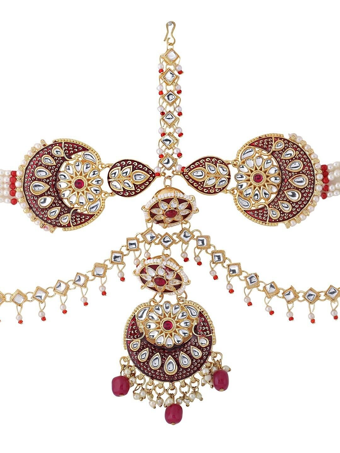 Gold-Plated Indian Bride Jewelry Pakistani Maroon Kundan Studded Sheeshphool