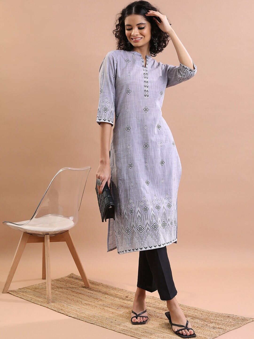 Women Kurta - Bollywood Grey Ethnic Motif Printed Pure Cotton Straight Kurta