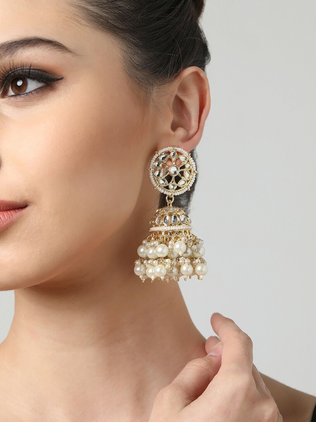 Bollywood Indian Gold-Toned & White Kundan Pearls Contemporary Jhumkas Earrings