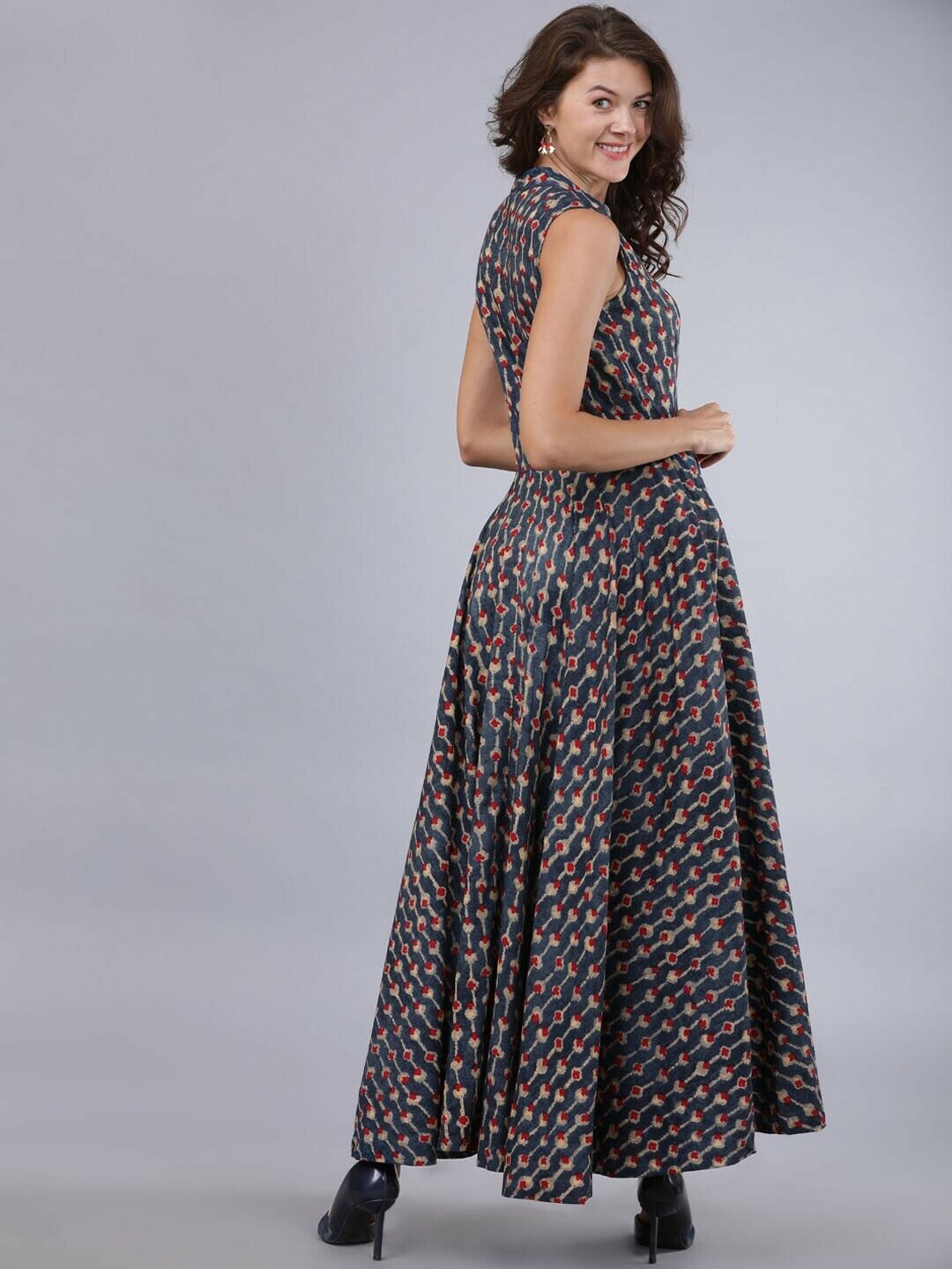 Women Dress - Bollywood India Bridal Wedding Navy Blue Printed A-Line Dress