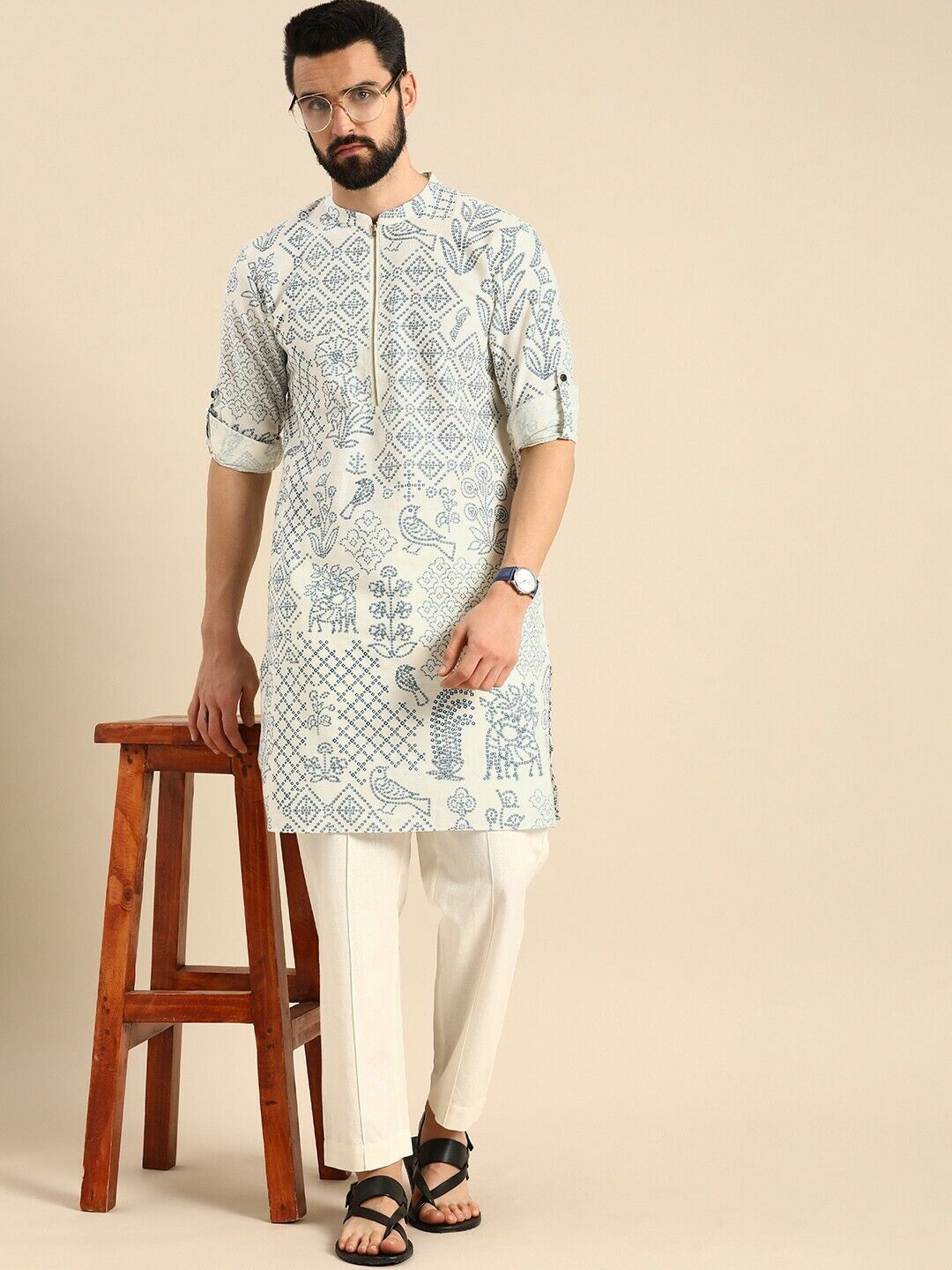 Men Kurta Set - Bollywood Indian Eid White Bandhani Printed Kurta with Trousers